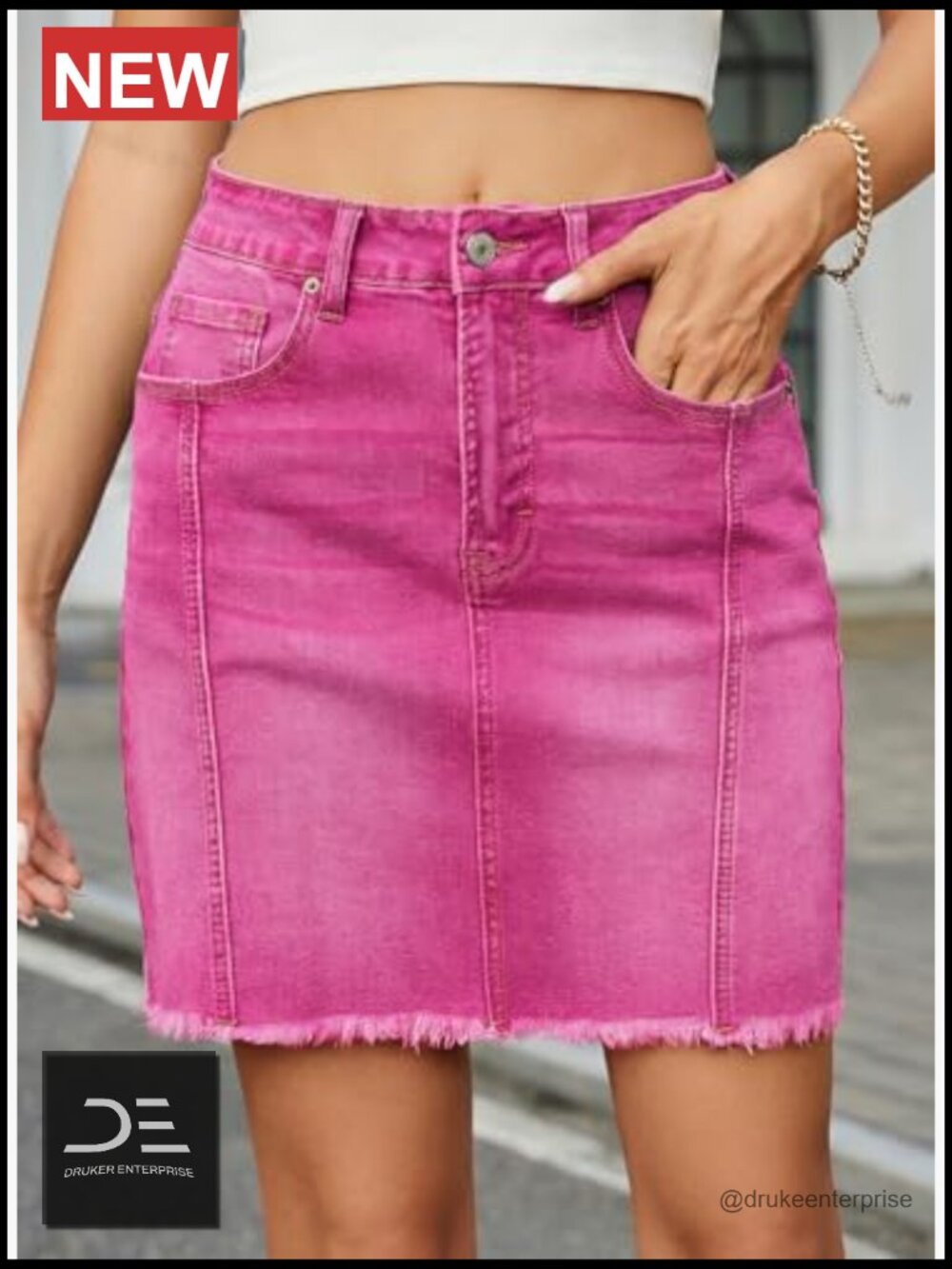High Waist Stretch Denim Skirt Raw Hem Zip Fly - Picture 2 of 7